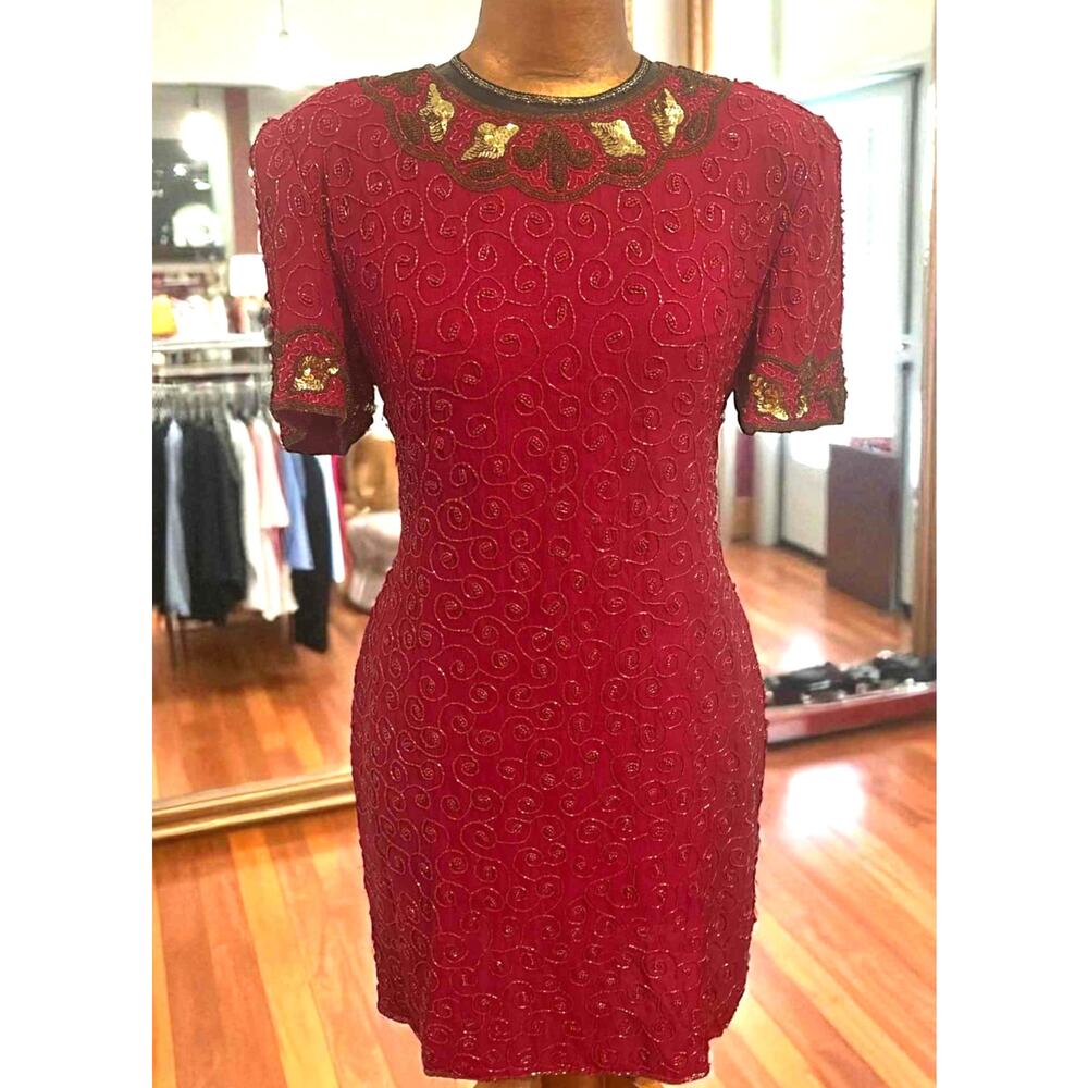 Vintage Night Vogue Red Silk Beaded Sequin Dress L Short Sleeve Party Cocktail
